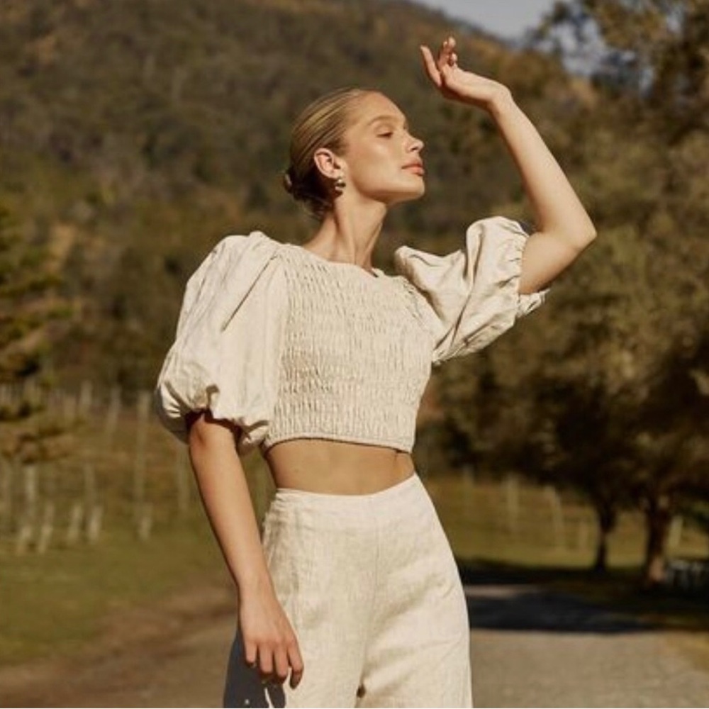 DISSH NWT Frankie Natural Linen Shirred Crop Top w/Puff Sleeves Sz 10